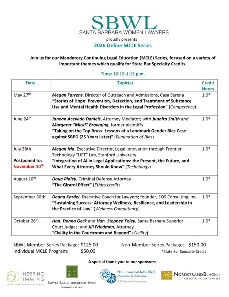 SBWL 2026 Online MCLE Series flyer with session dates, topics and pricing