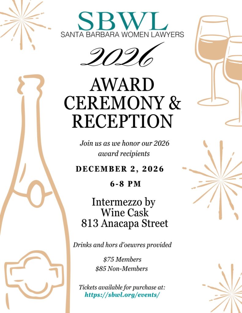 SBWL 2026 Award Ceremony and Reception flyer, December 2, 2026, 6 to 8 PM, Intermezzo by Wine Cask